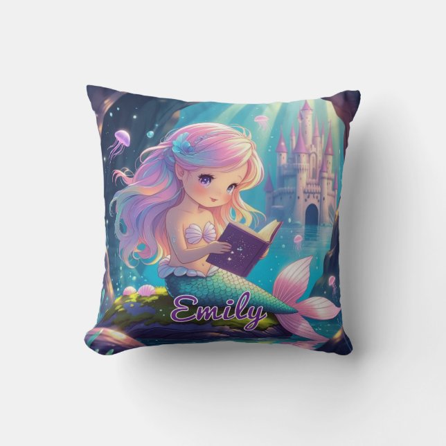 Niedliches Mermaid Reading Square Kissen (Vorderseite)