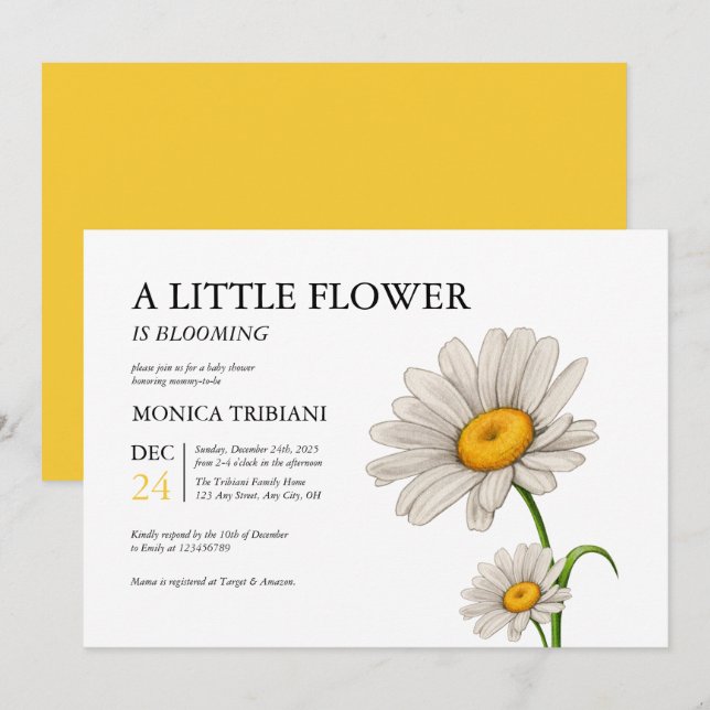 Niedliches Minimalistisches Daisy Blume Baby Showe Einladung (Vorne/Hinten)