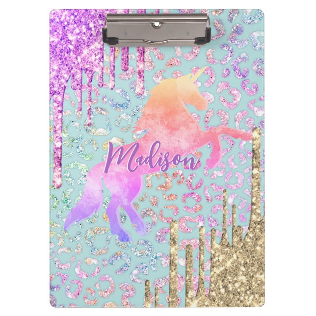 Niedliches Minze Einhorn Tierische Glitzer-Monogra Klemmbrett (Vorderseite)