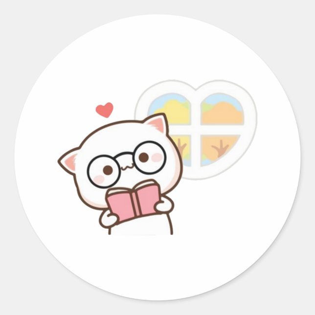 Niedliches Mochi Peach Cat Reading Book Runder Aufkleber (Vorderseite)