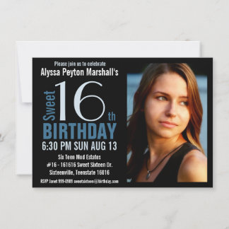 Niedliches Mod Blue und Black Foto Sweet 16. Party Einladung