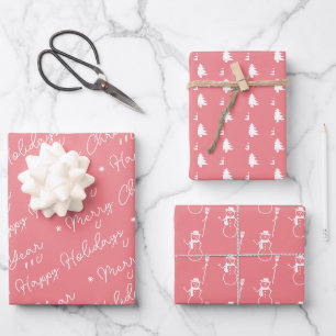 Niedliches Modern Pink Snowman Weihnachtsbaumskrip Geschenkpapier Set