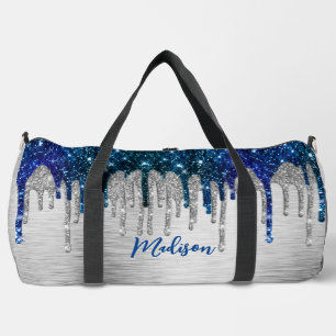 Niedliches, modernes Blue Glitzer Tropfen-Monogram Duffle Bag