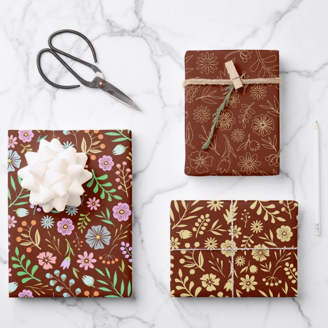 Niedliches, modernes Blumenmuster - Braun Linie Ku Geschenkpapier Set (Vorderseite)