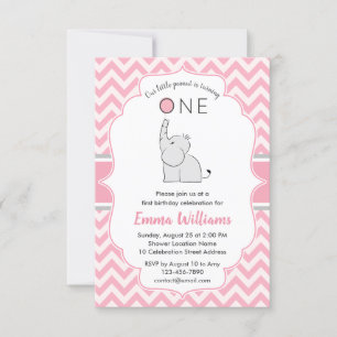Niedliches, modernes Girl Pink Gray Elefant 1. Geb Einladung