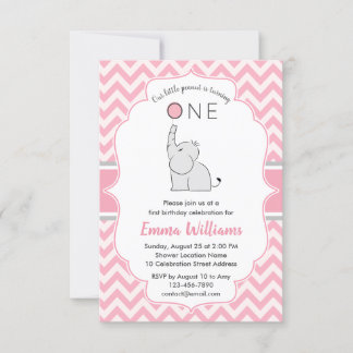 Niedliches, modernes Girl Pink Gray Elefant 1. Geb Einladung