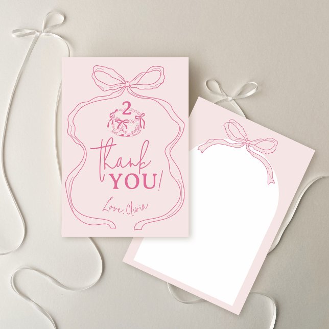 Niedliches, modernes Handgezeichnetes Bow Pink Gir Dankeskarte (Cute modern hand drawn pink whimsical girly girl coquette bow cake birthday party thank you card)