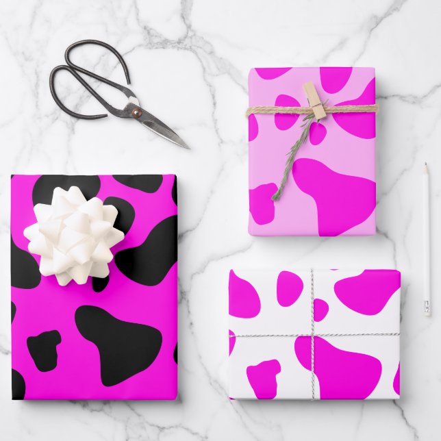 Niedliches, modernes Hot-Pink-Kuh drucken farbiges Geschenkpapier Set (Vorderseite)