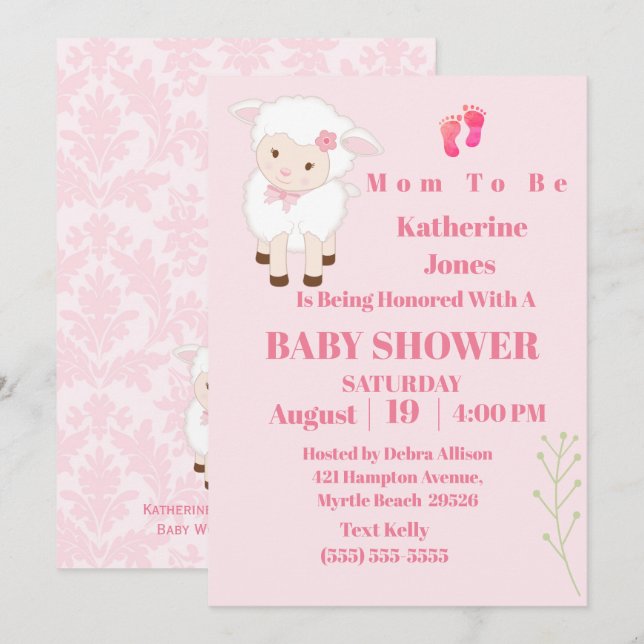 Niedliches, modernes Lamb Baby Girl Einladung (Vorne/Hinten)
