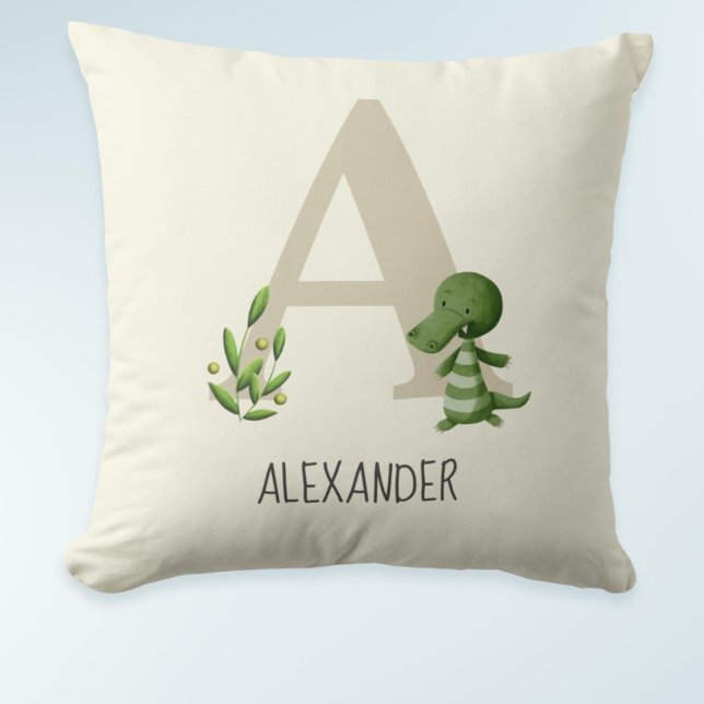 Niedliches modernes Monogramm Letter-A-Alligator-K Kissen (Cute monogrammed letter A baby pillow with an alligator)