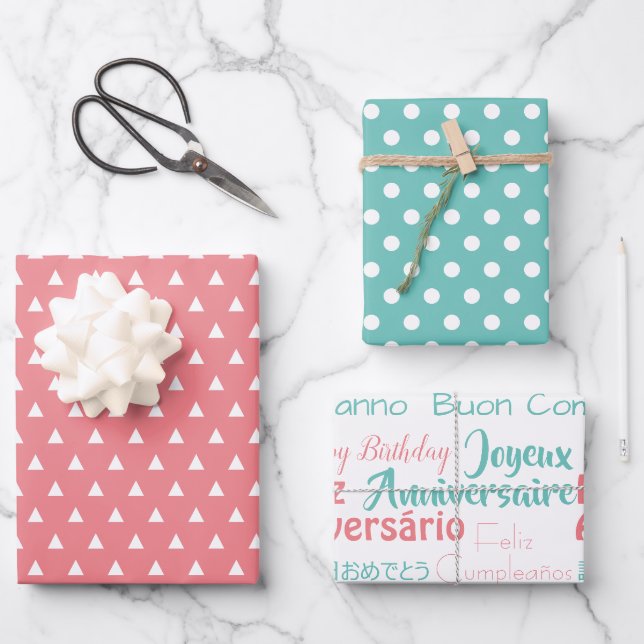 Niedliches modernes Muster Rosa Aquamarin Happy Bi Geschenkpapier Set (Vorderseite)