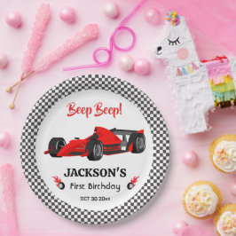 Niedliches modernes Red Racing Car 1. Party Pappteller