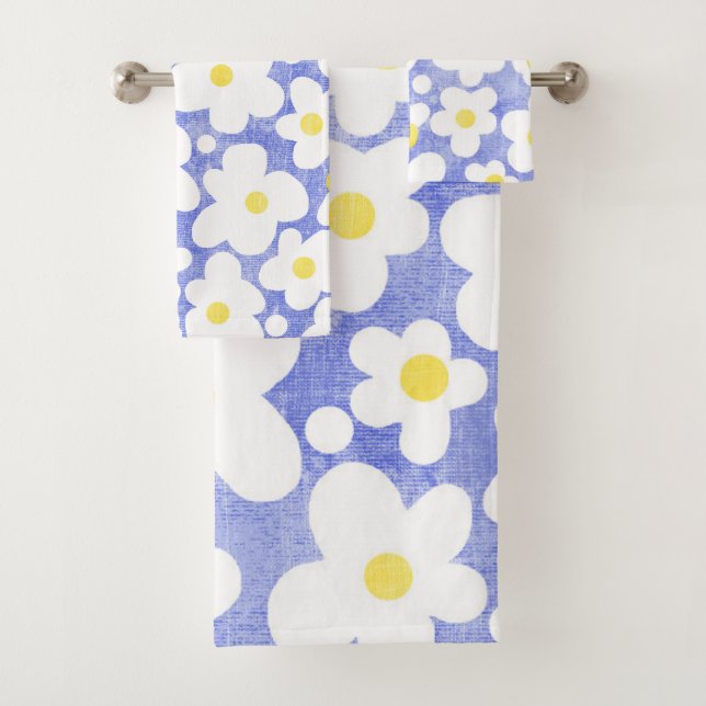 Niedliches modernes Retro Daisy Blue Badhandtuch Set (Insitu)