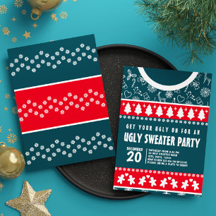 Niedliches modernes Rot und Blau Ugly Sweater Xmas Einladung