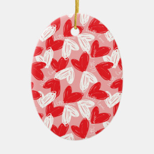 Niedliches modernes rotes und weißes Herzmuster Keramik Ornament
