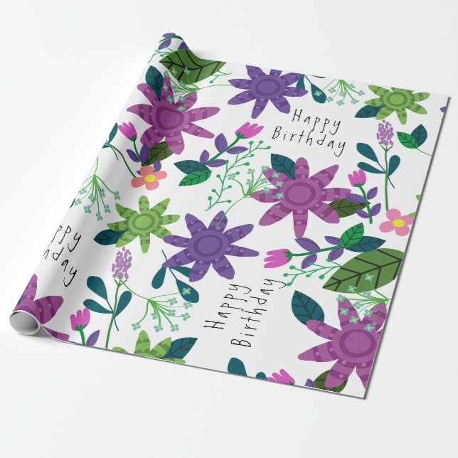 Niedliches, modernes und farbenfroh florales Happy Geschenkpapier (Ungerollt)