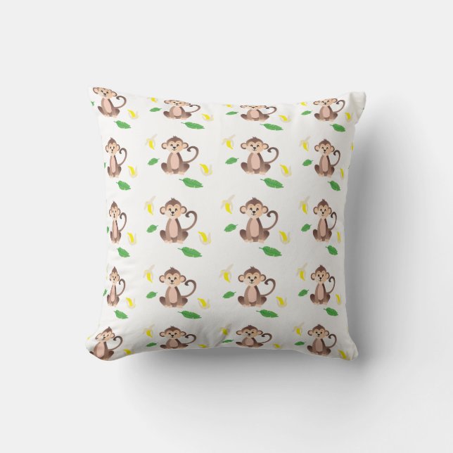 Niedliches Monkey Banana Tropical Leaf Muster Grün Kissen (Vorderseite)