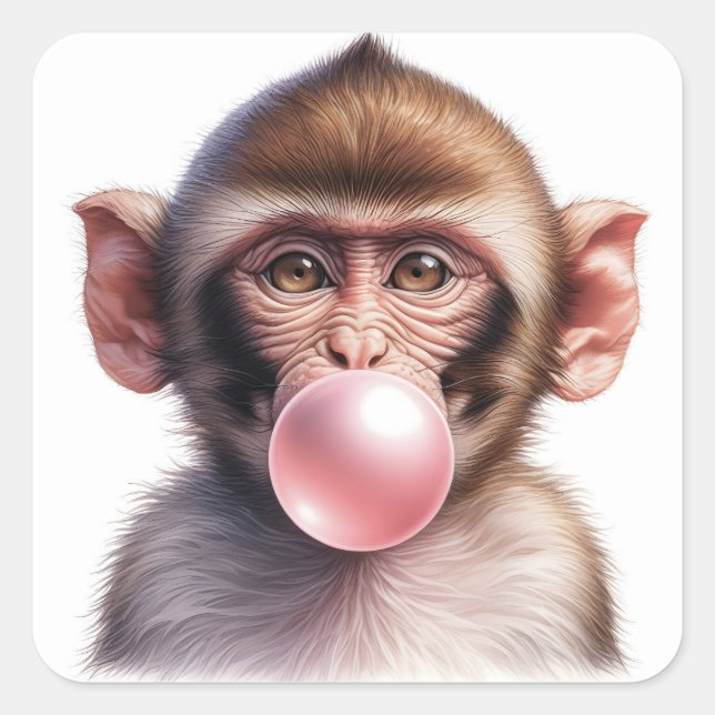 Niedliches Monkey-Blasebalgum Quadratischer Aufkleber (Vorderseite)