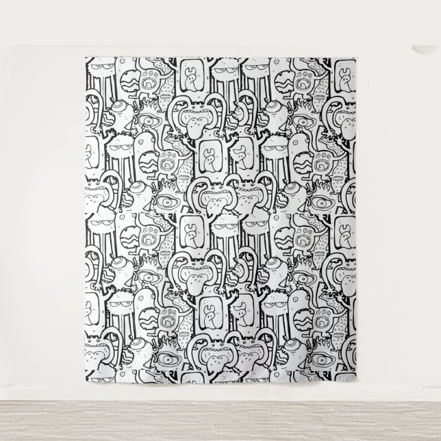 Niedliches Monochrome Doodle-Monstermuster Wandteppich (Vorderseite)