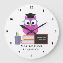 Niedliches Monogramm des rosa Owl Teachers für die Große Wanduhr