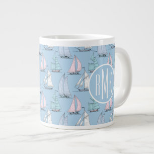 Niedliches Monogramm des Segelboot-Muster- Jumbo-Tasse