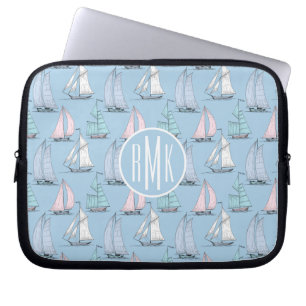 Niedliches Monogramm des Segelboot-Muster-  Laptopschutzhülle