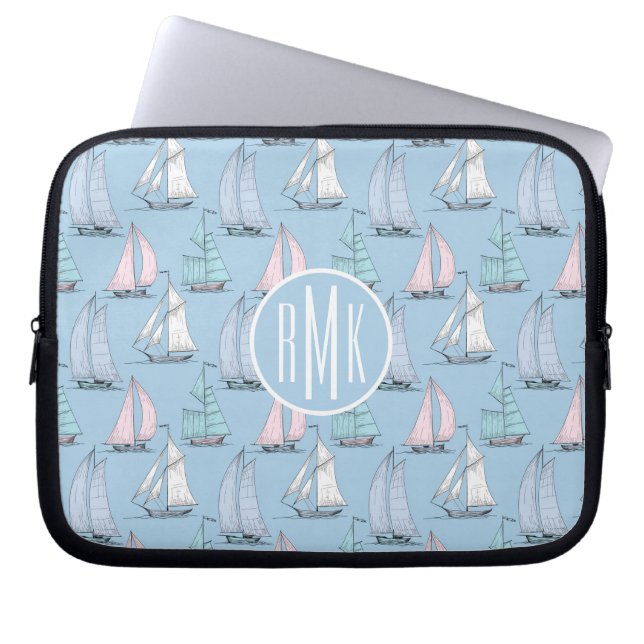 Niedliches Monogramm des Segelboot-Muster-| Laptopschutzhülle (Vorderseite)