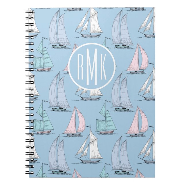 Niedliches Monogramm des Segelboot-Muster-| Notizblock (Vorderseite)