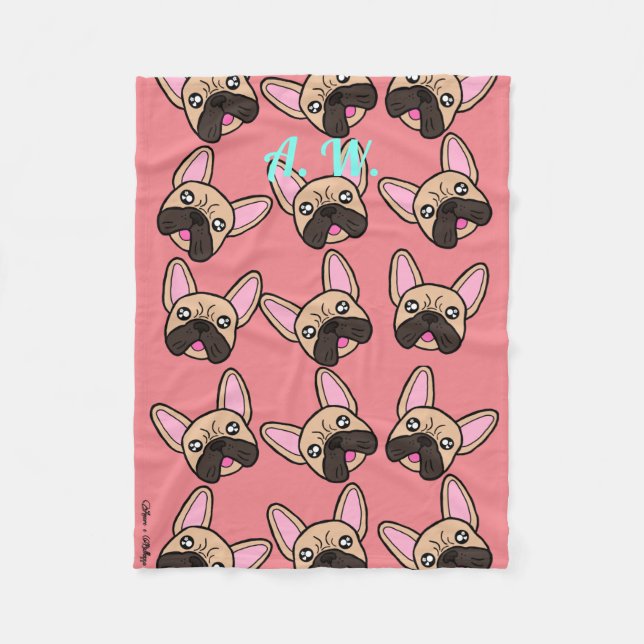 Niedliches Monogramm-Französisches Bulldog-Kawaii- Fleecedecke (Vorderseite)