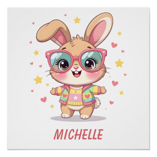 Niedliches Monogramm-Mädchen-Häschen mit Brille Poster (Vorderseite)
