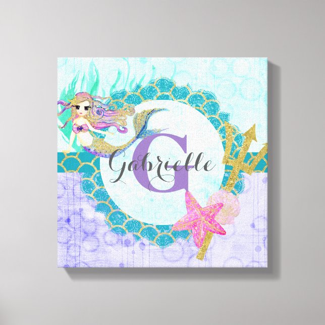 Niedliches Monogramm Mermaid Aquamarin und Lila Leinwanddruck (Vorderseite)
