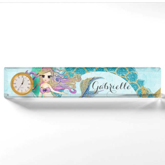 Niedliches Monogramm Mermaid Aquamarin und Lila Namensplakette (Vorderseite)