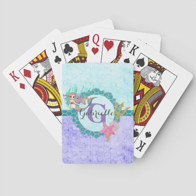 Niedliches Monogramm Mermaid Aquamarin und Lila Spielkarten (Rückseite)