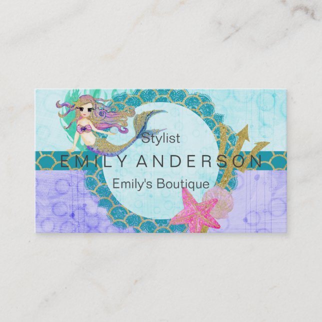 Niedliches Monogramm Mermaid Aquamarin und Lila Visitenkarte (Vorderseite)