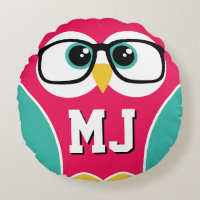 Niedliches Monogramm Owl mit Brille Rundkissen