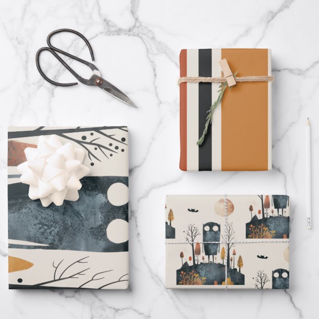 Niedliches Monster-Herbstfarben-Whimsisches Hallow Geschenkpapier Set (Vorderseite)