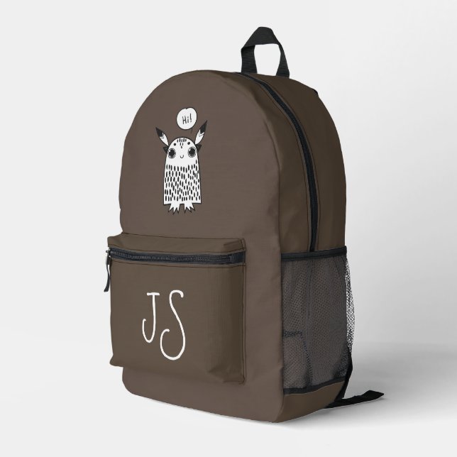 Niedliches Monster Schokoladenbraun Monogramm mini Bedruckter Rucksack (Rückseitige Ecke Rechts)