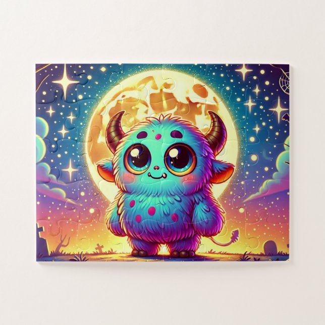 Niedliches Monster unter Vollmond-Halloween (Horizontal)