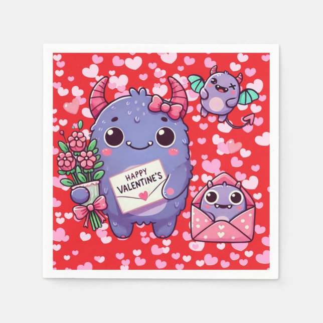 Niedliches Monster Valentinstag Serviette (Vorderseite)