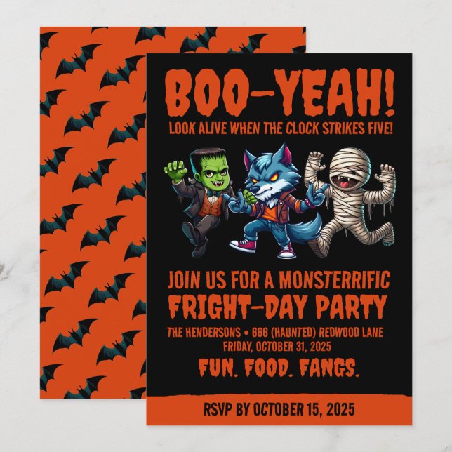 Niedliches Monsterrific Fright Day Halloween-Party Einladung (Vorne/Hinten)