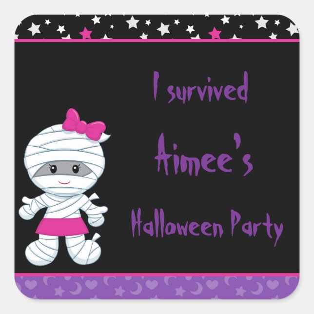 Niedliches Mummy-Halloween-Party "I Survived" Quadratischer Aufkleber (Vorderseite)