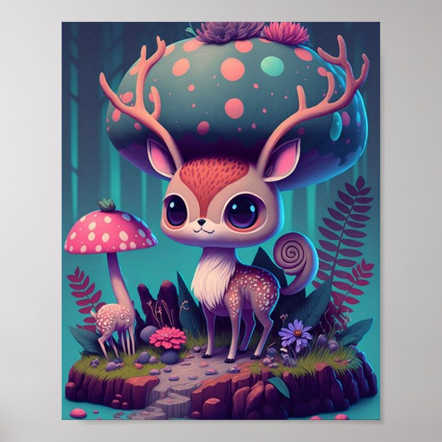 Niedliches Mushroom Deer Fantasy Art Poster (Vorne)