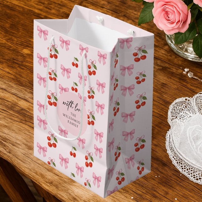 Niedliches Muster der Wasserfarbe Bow Coquette Mittlere Geschenktüte (Cute Watercolor Cherry Bow Coquette Pattern Medium Gift Bag)