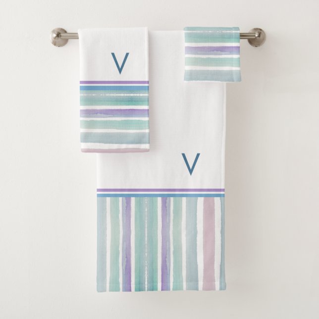 Niedliches Muster Farbstreifen Pink Blue Monogram Badhandtuch Set (Insitu)