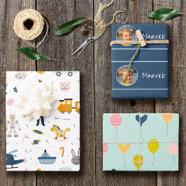 Niedliches Muster Foto und Name Boy Blue Geschenkpapier Set