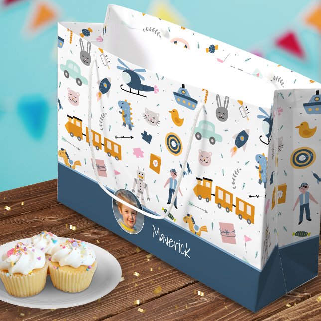 Niedliches Muster Foto und Name Boy Blue Große Geschenktüte (Von Creator hochgeladen)