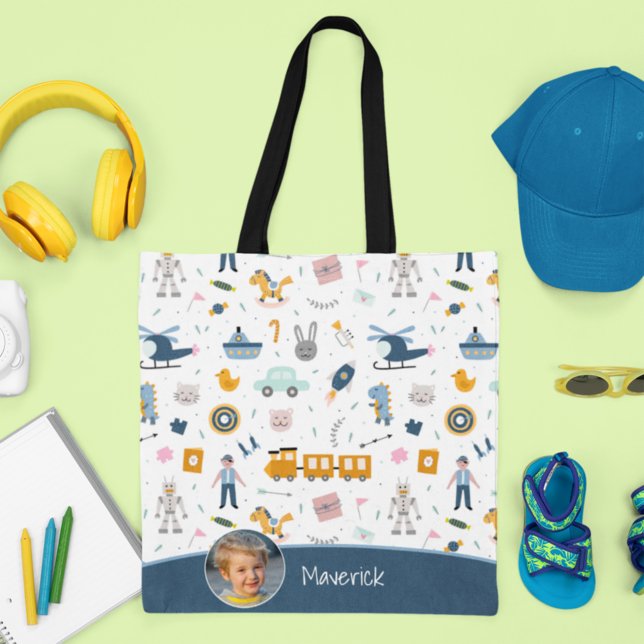 Niedliches Muster Foto und Name Boy Blue Shopping Tasche (Von Creator hochgeladen)