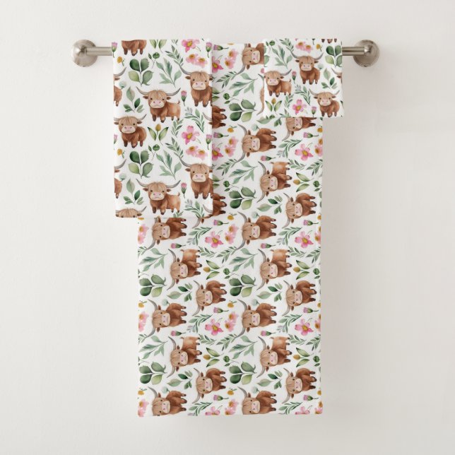 Niedliches Muster für Kühe und rosa Blume Badhandtuch Set (Insitu)