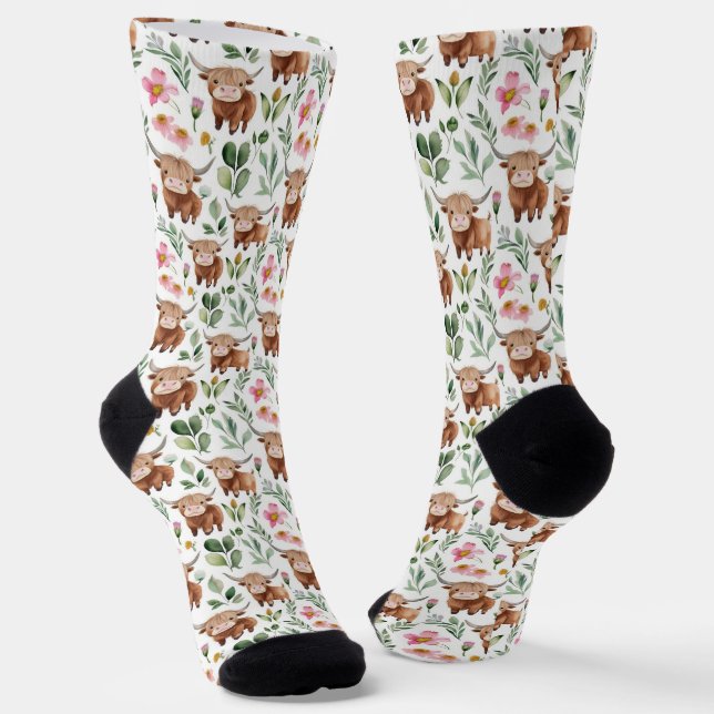 Niedliches Muster für Kühe und rosa Blume Socken (Gewinkelt)