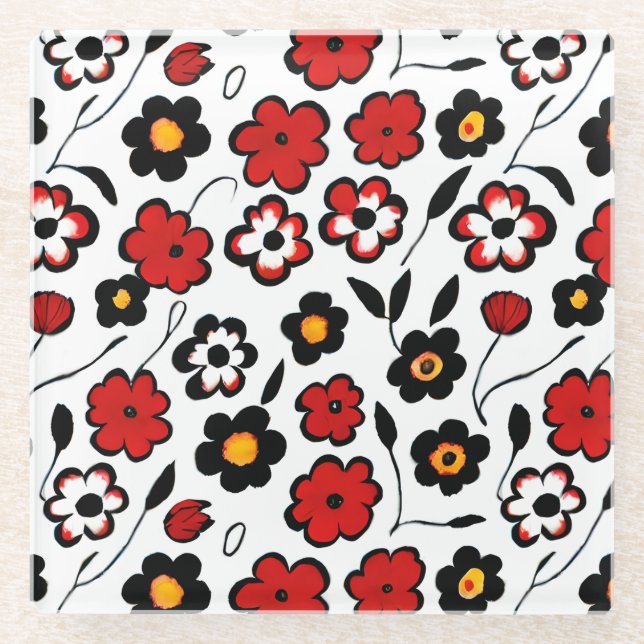 Niedliches Muster in Rot, Schwarz und Weiß, Blume Glasuntersetzer (Vorderseite)